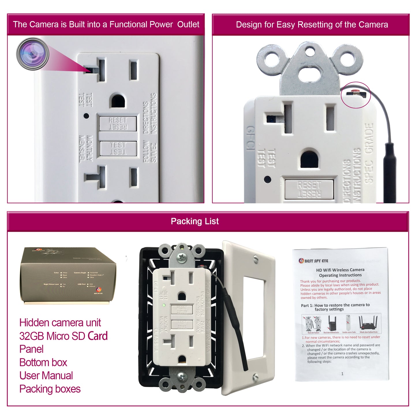 Spy Camera In US-Style GFCI Outlet