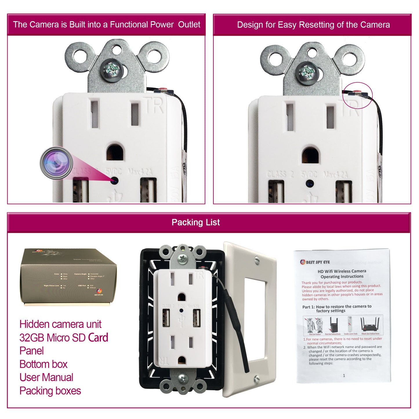 Spy Camera in US-Style USB Outlet (Item No.1112-1)